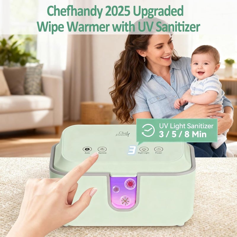 chefhandy Baby Wipe Warmer, Wipe Warmer and Baby Wet Wipes Dispenser with UV Light Sanitizer,Baby Wipes Warmer for Babies,3 Heat Modes,Night Light,Heating Silence,Large Capacity Wipes Warmer (Green) - Image 2